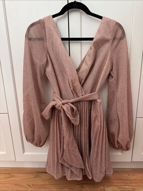 Lulu's Rose Gold Metallic Wrap Long Sleeve Mini Dress